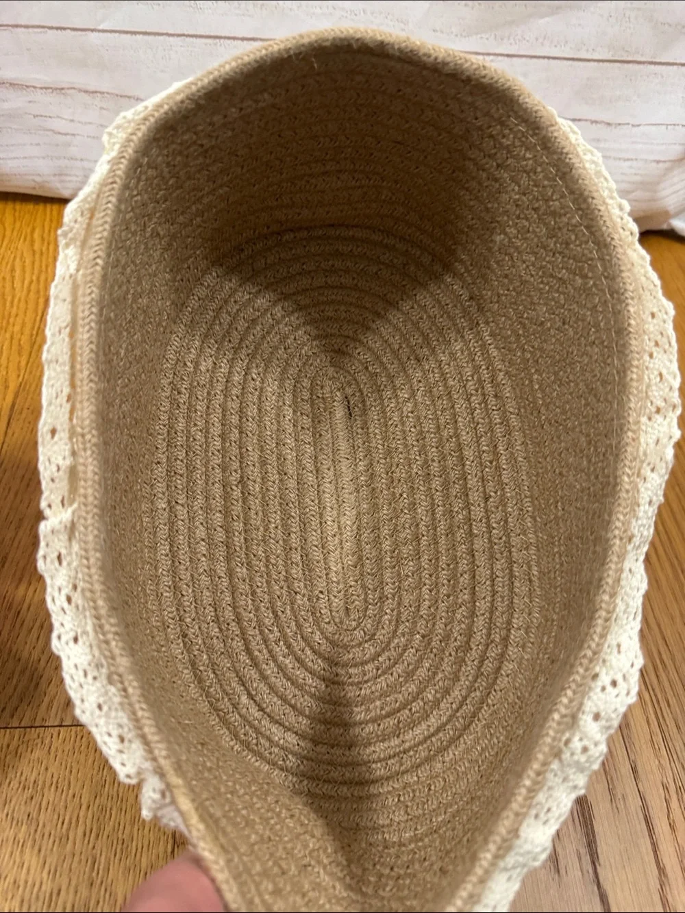 Small Brown Oval rope Storage Basket with Lace Trim